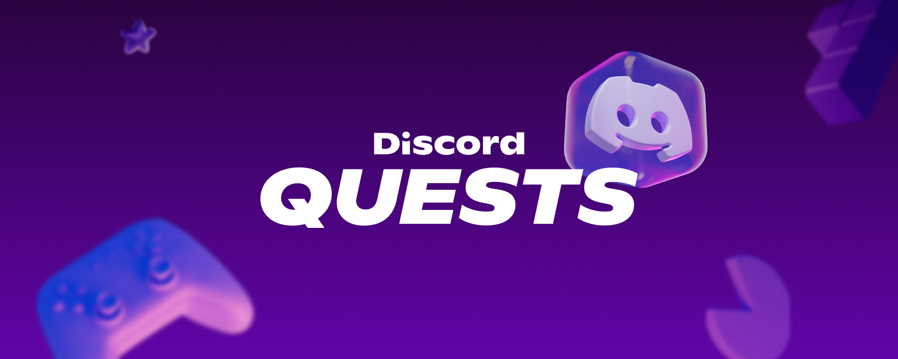 The phrase “Discord Quests” next to a Discord logo in a clear block. Icons of controllers, puzzle pieces, and stars float around the words.