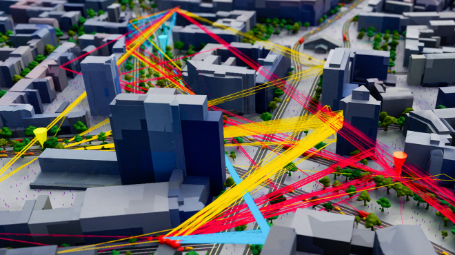 A 3D visualization of a digital twin of a city.