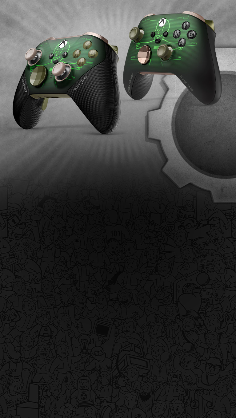 Two customized Fallout Pip-Boy Xbox controllers over a black and white Fallout artwork background.