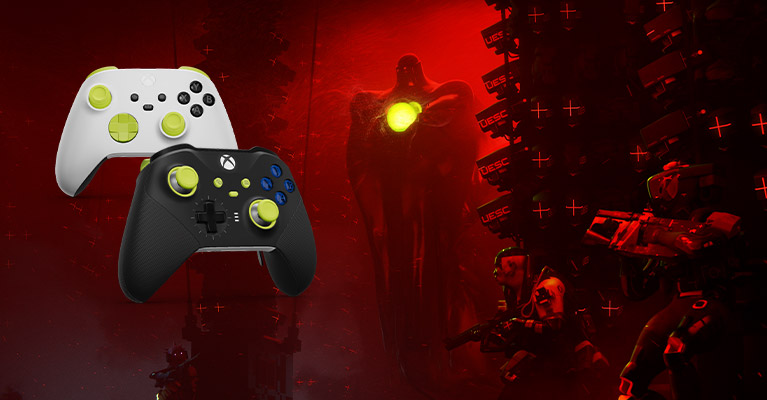 Two customized Xbox Design Lab controllers among an infrared camera scene of a charcter in a Destroyer shell hiding from a Pfhor Minor S&rsquo;pht.
