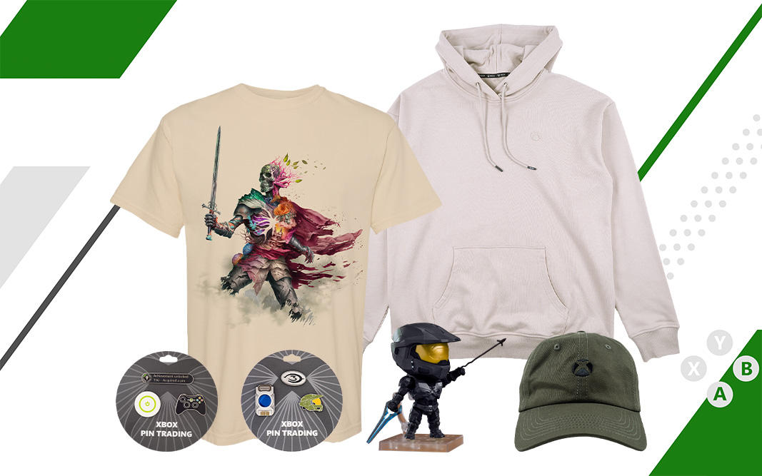 Xbox Gear Shop. A collection of gear available with Xbox Gear Shop, including an Avowed T-Shirt, Xbox hoodie, Master Chief figure, and Xbox hat.
